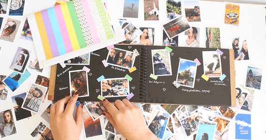 Anı Albümü 105 adet 5x7 fotoğraf 17x25 Siyah Yapraklı Ahşap Kapaklı Albüm ve 100 adet sticker