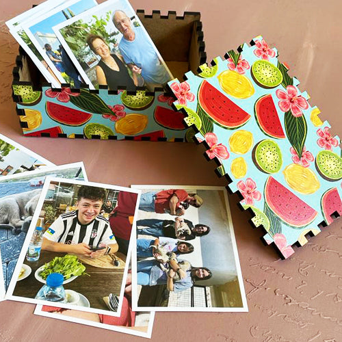Tutti Frutti Desenli Ahşap Saklama Kutusu ve 17 adet 7x10cm Mini Fotokart