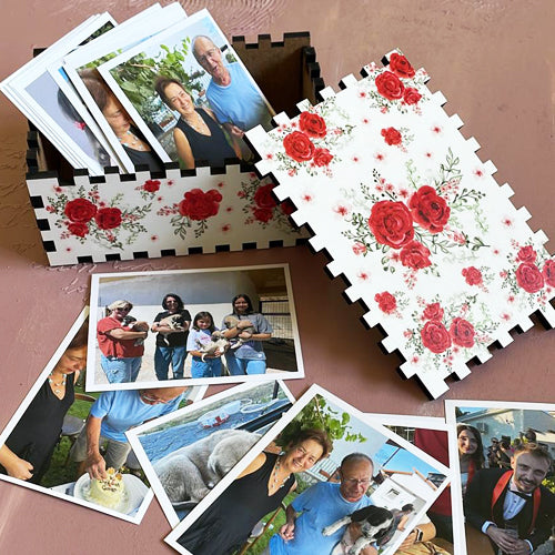 Gül Desenli Ahşap Saklama Kutusu ve 17adet 7x10cm Mini Fotokart