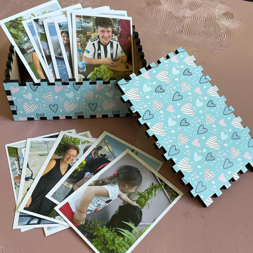 Mavi Kalp Desenli Ahşap Saklama Kutusu ve 17 adet 7x10cm Mini Fotokart