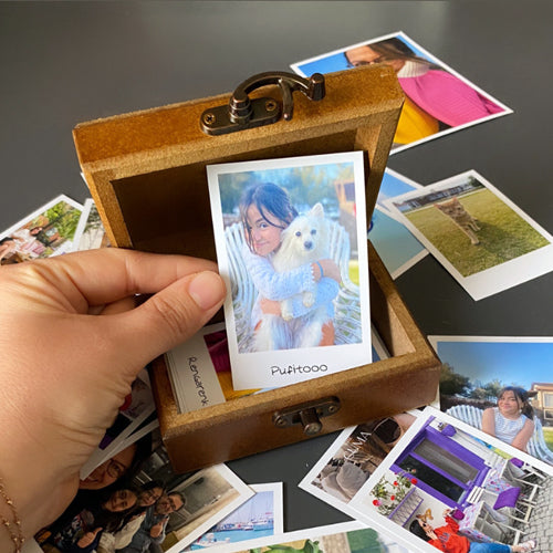 96 Adet Pola Kart ve Menteşeli Ahşap Fotoğraf Saklama Kutusu